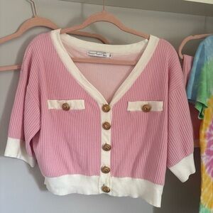 Vintage 70’s Pink and Cream Button-Up blouse and skirt gold accent